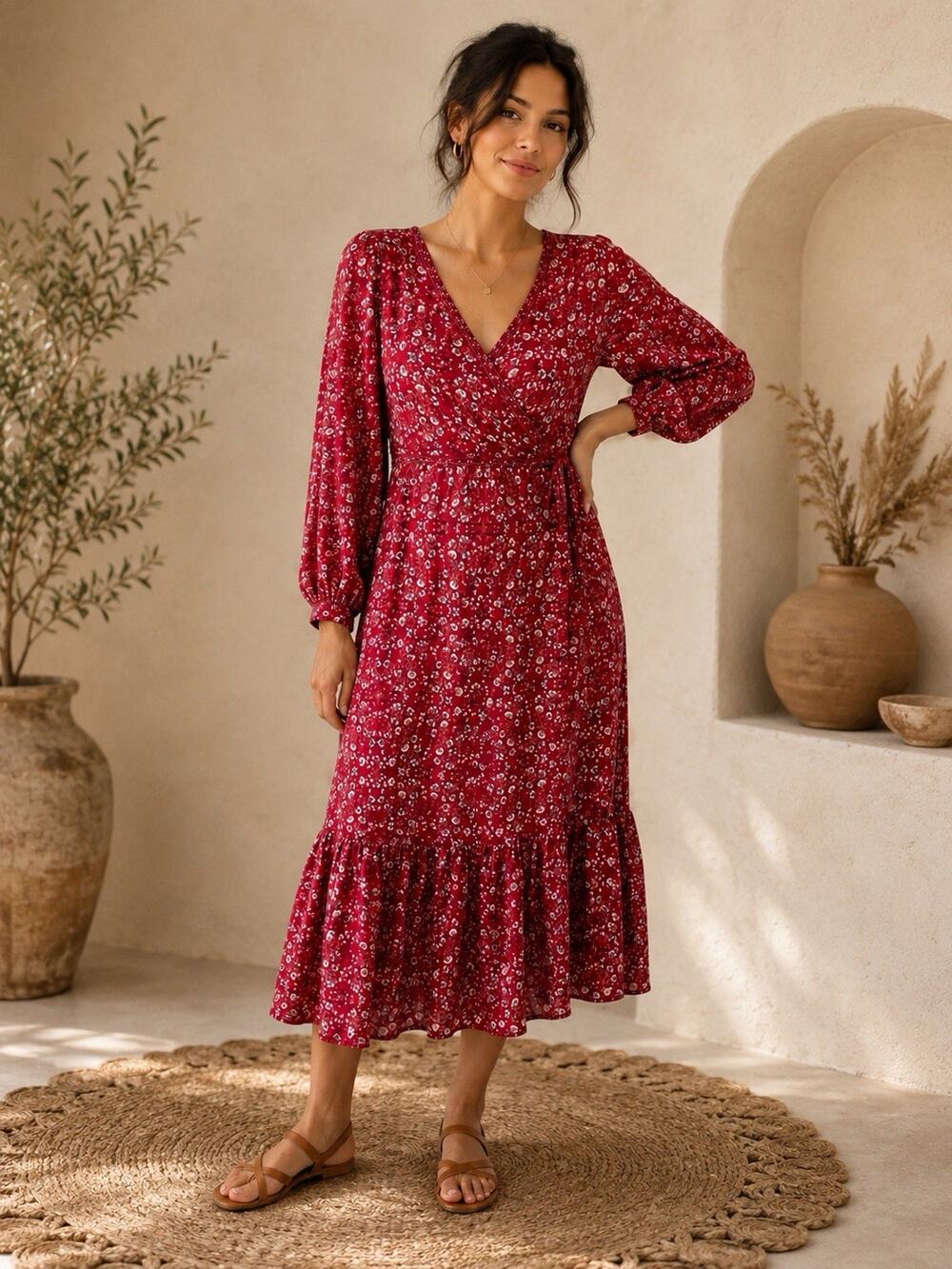 Max Studio Dress L Red Floral Faux Wrap Midi Ruffle Hem 3/4 Sleeve Boho Peasant
